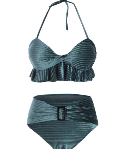 Dresslily Women Vintage Velvet Swimsuit Ruffles Halter Twisited Corset Bikini Swimsuit Swimsuit L Medium sea green