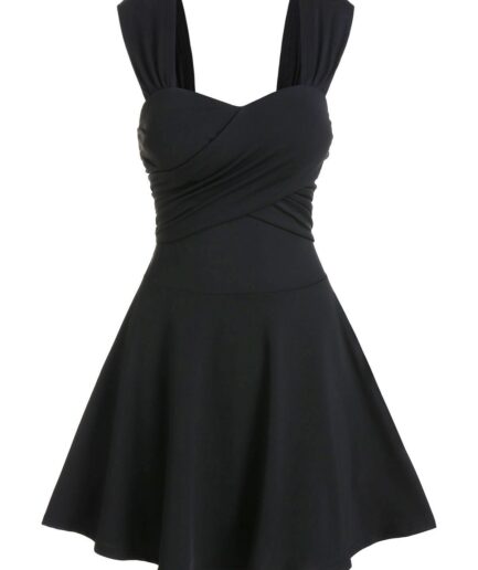 Dresslily Women Summer Solid Sleeveless Crossover Flare Mini Dress Clothing L Black