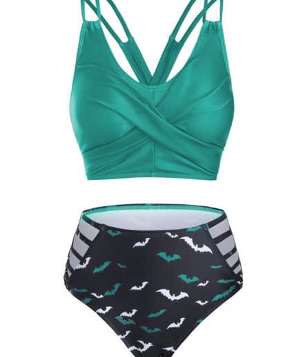 Dresslily Women Gothic Bikini Swimwear Bat Print High Waist Swimsuit Lace-up Crossover Cut Out Two Piece Bathing Suit Swimsuit L Turquoise