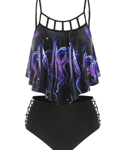 Dresslily Women Tummy Control Swimsuit Gothic Bathing Suit Octopus Print Cut Out Crisscross Summer Beach Tankini Swimwear Swimsuit M Purple amethyst