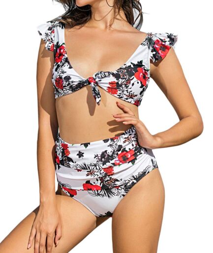 Dresslily Women Flower Ruffle Knot High Waisted Ruched Bikini Swimwear Swimsuit M White