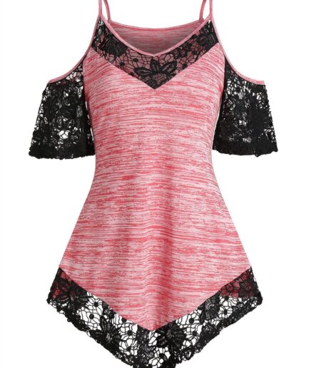Women Space Dye Print Lace Insert Cold Shoulder T-shirt Clothing L Black