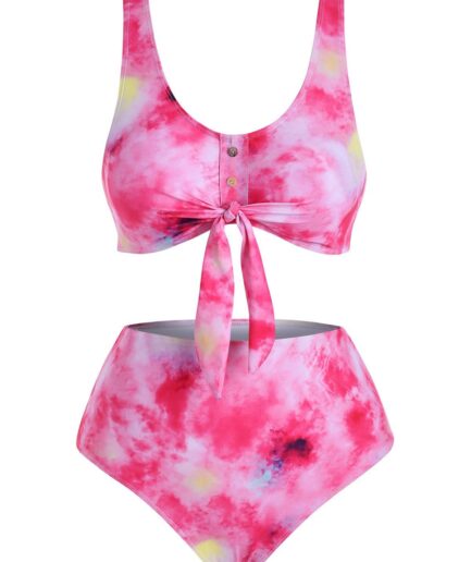 Dresslily Women Tie Dye Bikini Swimwear Tummy Control Swimsuit Mock Button Tied Front Beach Bathing Suit Swimsuit M Red