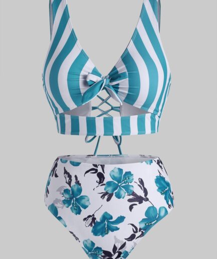 Dresslily Women Vacation Tankini Swimwear Striped Floral Print Swimsuit Bowknot Lace-up Crisscross Cut Out Beach Bathing Suit Swimsuit M Blue