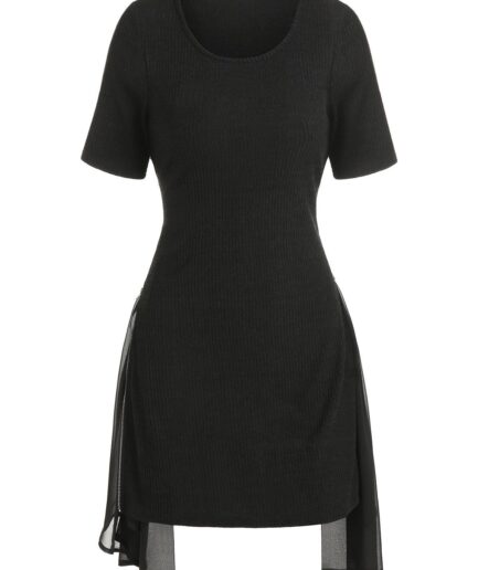 Dresslily Women Plain Ribbed Tee Dress Knitted Chiffon Panel Zipper Solid Color Asymmetrical T-shirt Dress Clothing L Black
