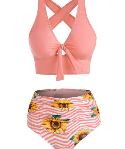 Dresslily Women Tummy Control Tankini Swimwear Sunflower Zig Zag Print Swimsuit Crisscross Cut Out Bowknot Tied Summer Beach Bathing Suit Swimsuit L L