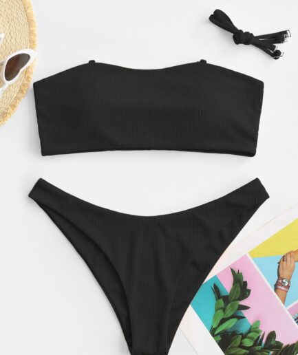 ZAFUL Ribbed Bandeau Bikini Swimwear L Black