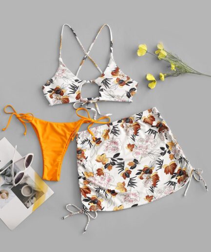 Women Three-Pieces ZAFUL Ribbed Floral Three Piece Bikini Swimsuit L Yellow