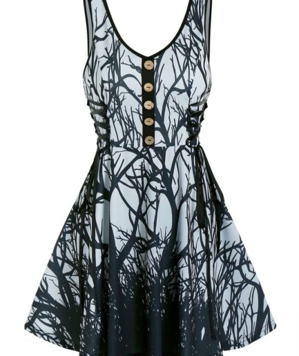 Women Sleeveless Tree Print Lace-up Mini Dress Clothing L Multicolor a