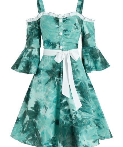 Dresslily Women Tie Dye A Line Mini Dress Cold Shoulder Flare Sleeve Ruffled Mock Button Bowknot Belted Dress Clothing L Light sea green