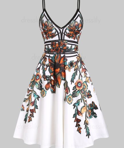 Women Summer Vacation Sundress Floral Leaf Printed Garden Party Dress Flare A Line Slip Mini Dress Clothing M White