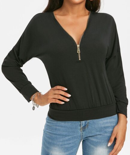 Women Half Zip V Neck Drop Shoulder Sweatshirt Clothing S Black