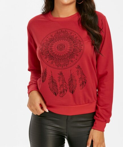 Women Crew Neck Feather Graphic Sweatshirt Clothing L Red