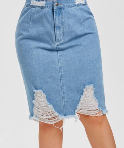 Women Plus Size High Rise Ripped Denim Skirt Clothing Online L Blue