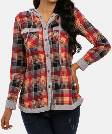 Women Hooded Plaid Print Button Up Shirt Clothing M Multicolor a