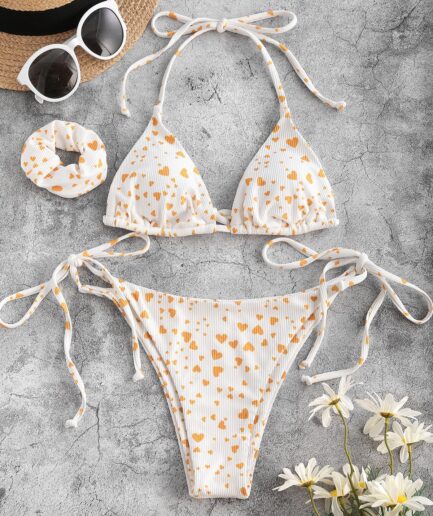 ZAFUL Heart Ribbed String Bikini Swimwear with Scrunchie M White
