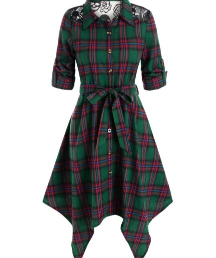 Dresslily Plaid Lace Panel Self Tie Handkerchief Shirt Dress L Medium sea green