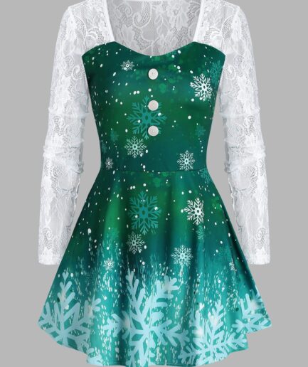 Dresslily Fashion Women Christmas Snowflake Lace Insert Mock Button T Shirt