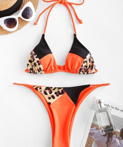 ZAFUL Leopard Colorblock Braided Strap String Bikini Swimwear M Dark orange