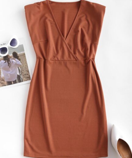 Bodycon Dress Surplice Padded Shoulder Sheath Work Dress M Coffee