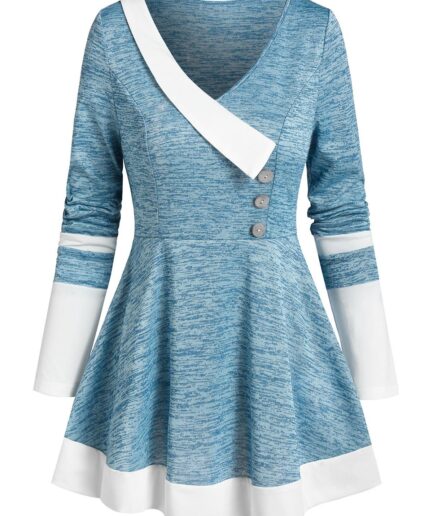 Dresslily Women Asymmetric Colorblock Button Marled T Shirt Clothing M Blue