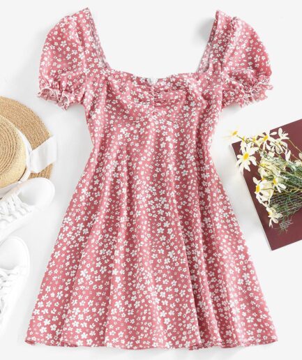 Casual ZAFUL Ditsy Print Puff Sleeve Ruffle Ruched Mini Dress M Light pink
