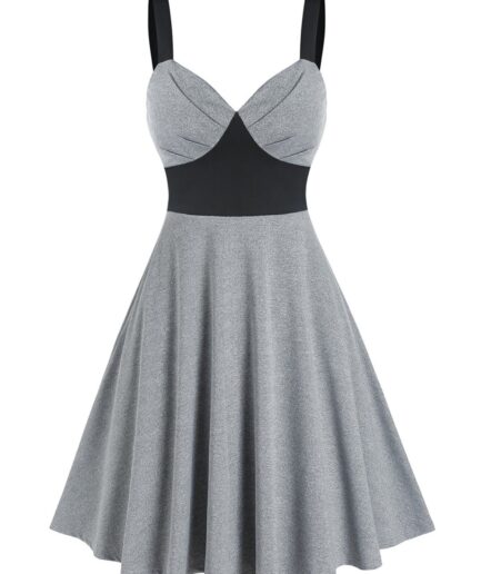 Dresslily Women Two Tone Mini Dress Sweetheart Neck Flare Dress Ruched Bust Sleeveless A Line Dress Clothing L Gray