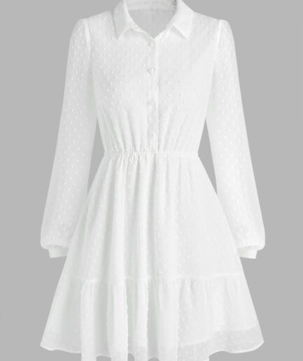Dresslily Women Swiss Dot Chiffon A Line Mini Dress Half Button See Thru Long Sleeve Dress Clothing L White