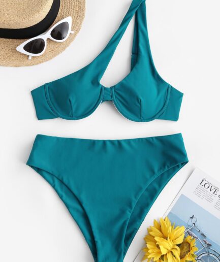 ZAFUL One Shoulder Ring Cutout Underwire Bikini Swimwear L Blue