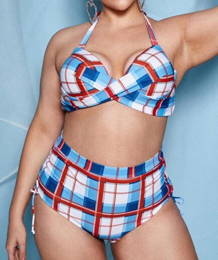 Dresslily Women Plus Size Underwire Plaid Cinched Bikini Swimwear Swimsuit Beachwear L Multicolor