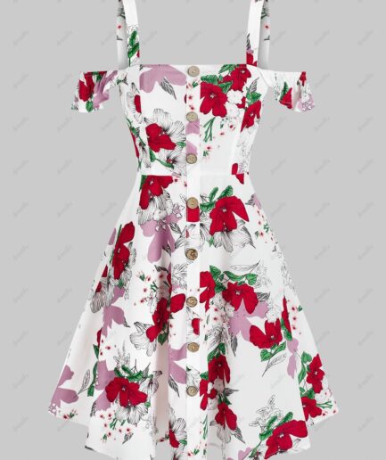 Women Ruffled Floral Print Cold Shoulder Mini Dress Clothing M White