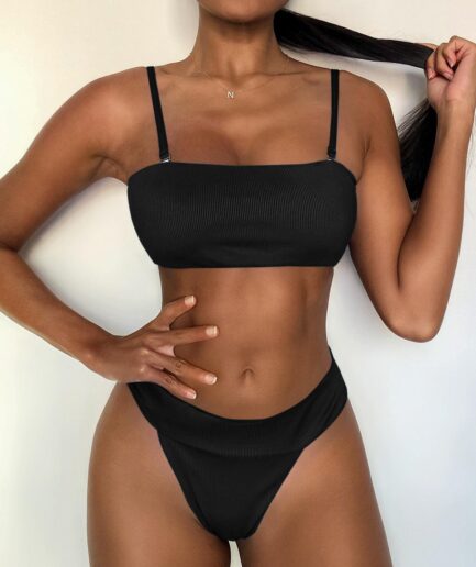 ZAFUL Ribbed High Leg Bandeau Bikini Swimsuit L