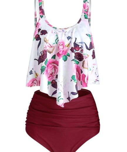 Dresslily Women Tummy Control Tankini Swimsuit Floral Print Swimwear Flounce High Waisted Ruched Summer Beach Bathing Suit Swimsuit L Red wine
