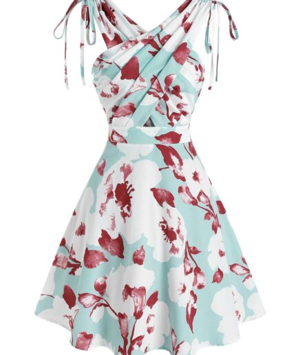 Women Summer Mini Dress Crisscross Cinched Tie Floral Print Cut Out Vacation A Line Dress Clothing M Light blue