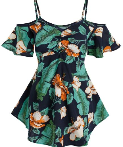 Women Cold Shoulder Tropical Flower Print T-shirt Clothing L Deep blue