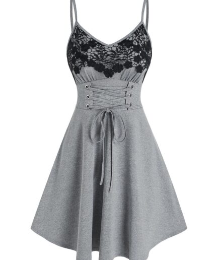 Dresslily Women Summer Lace Up Floral Pattern Corset Waist Applique Slip Mini Dress Clothing L Light gray