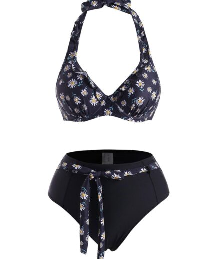 Dresslily Women Daisy Floral Print Swimsuit Ruffle Underwire Belted Push Up Halter Bikini Swimwear Swimsuit L Black
