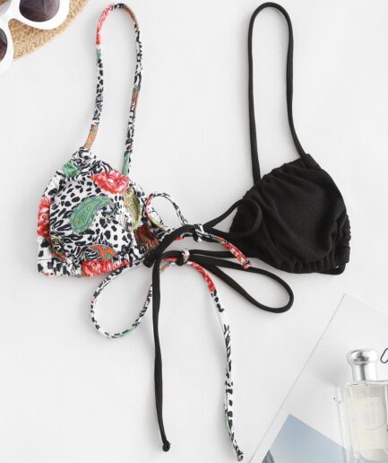 ZAFUL Ribbed Leopard Floral Tie Front Bikini Top L Black