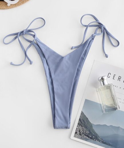 ZAFUL Ribbed Solid Tied High Cut String Bikini Bottom M Light blue