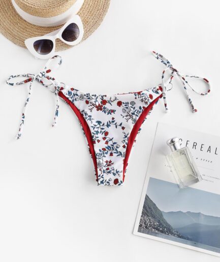 ZAFUL Flower Ribbed O Ring Tie Side Bikini Bottom M White