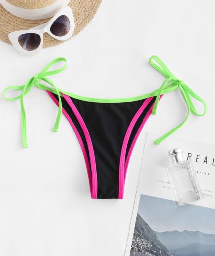 ZAFUL Contrast Binding Tie Side High Leg Thong Bikini Bottom M Black