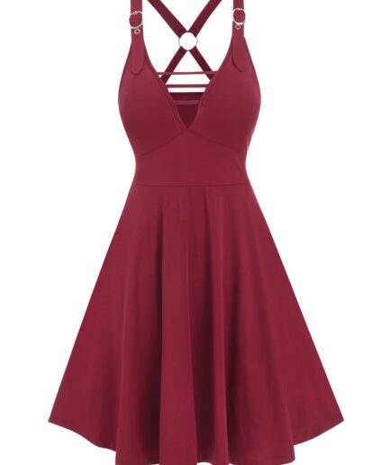 Dresslily Women Summer Ladder Cut Out Corset Style Buckle Strap O-ring Flare Mini Dress Clothing L Deep red