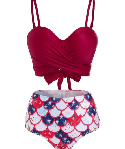Dresslily Women Mermaid Star Print Swimsuit Tummy Control Bikini Swimwear Padded Wrap Tied Back Beach Bathing Suit Swimsuit M Deep red