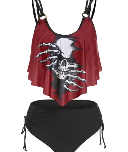 Dresslily Women Tummy Control Tankini Swimwear Gothic Swimsuit Skeleton Skull Print Strappy Cinched Ruched Summer Beach Bathing Suit Swimsuit L Black