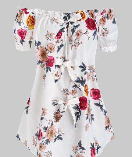 Women Off The Shoulder Floral Print Bowknot T-shirt Clothing M White