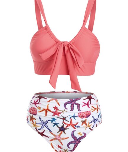 Dresslily Women Marine Life Knot Ruched Full Coverage Bikini Swimwear Swimsuit L Orange
