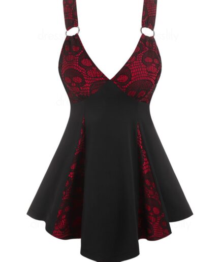 Dresslily Women Gothic Plunging V Neck Skull Lace Panel Corset Slit Skirted Tank Top Clothing L Deep red