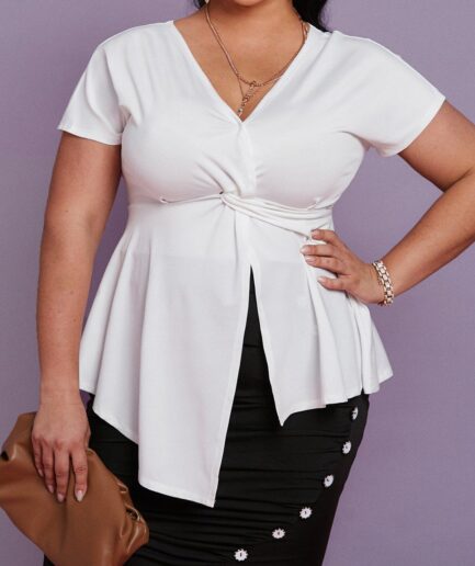 Dresslily Fashion Women Plus Size V Neck Twisted Asymmetric T Shirt Clothing L White