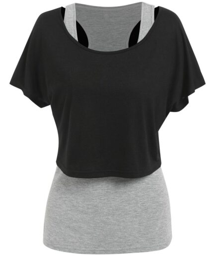 Women Sporty Cropped Plain Scoop Neck T Shirt and Heathered Tank Top Set Clothing S Multicolor