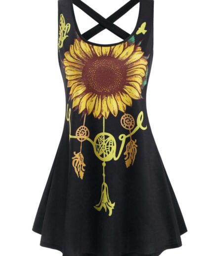 Dresslily Women Vacation Dress Sunflower Print Tank Dress Contrast Colorblock Criss Cross Mini Dress Clothing L Black